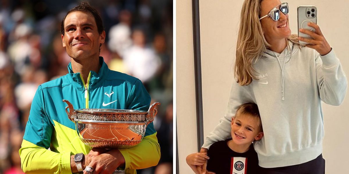 Rafael Nadal (L), Victoria Azarenka with her son Leo (R)