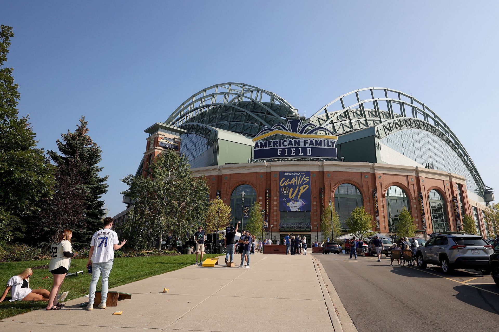 MILWAUKEE, WISCONSIN - OCTOBER 09: General view outside of American Family Field before the game 2 of the National League Division Series between the Atlanta Braves and Milwaukee Brewers at American Family Field on October 09, 2021 in Milwaukee, Wisconsin. (Photo by Stacy Revere/Getty Images)