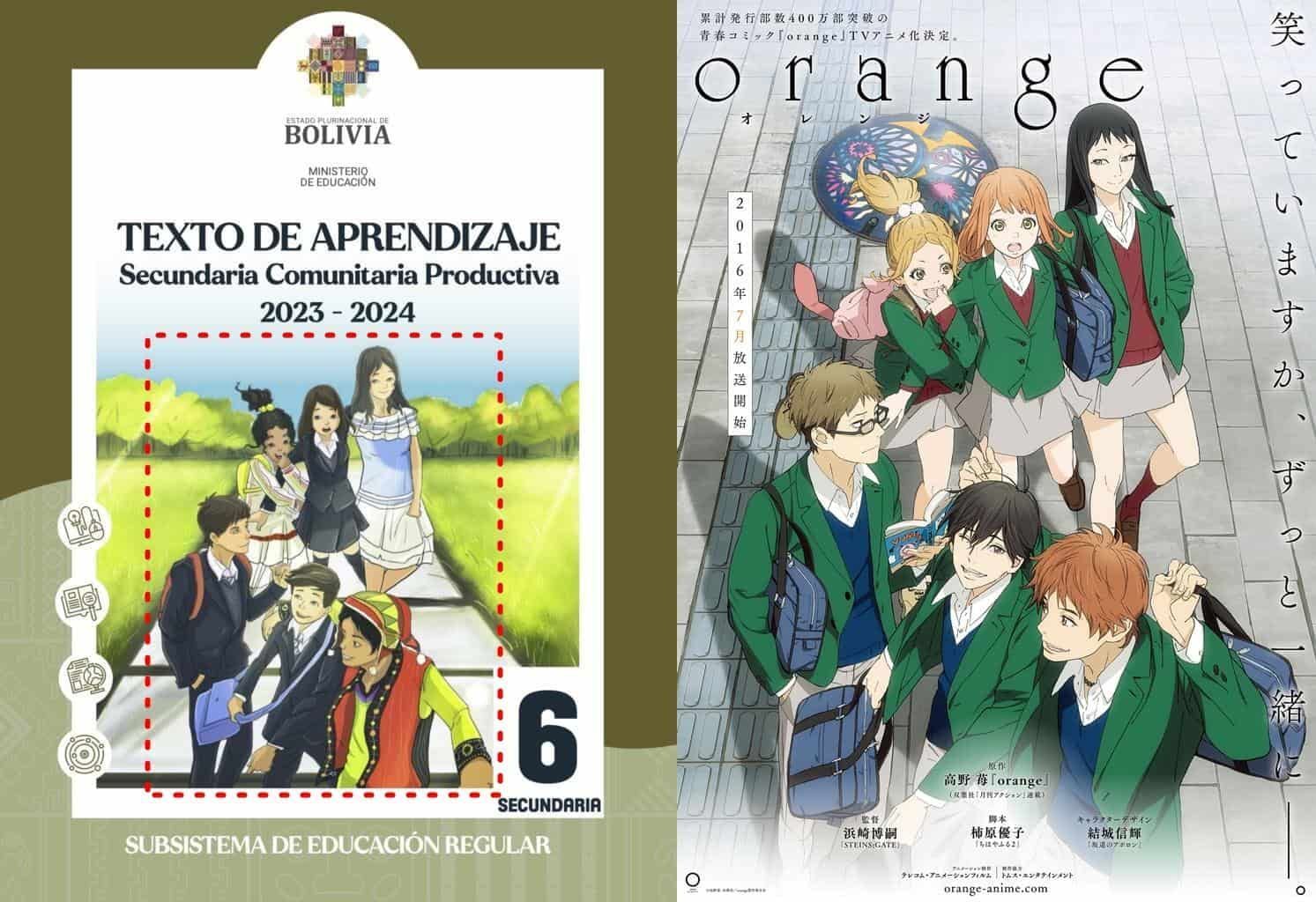 6th grade textbook in Bolivia that plagiarized the key visual from Orange (Image via Bolivian Ministry of Education, Ichigo Takano/Shueisha)