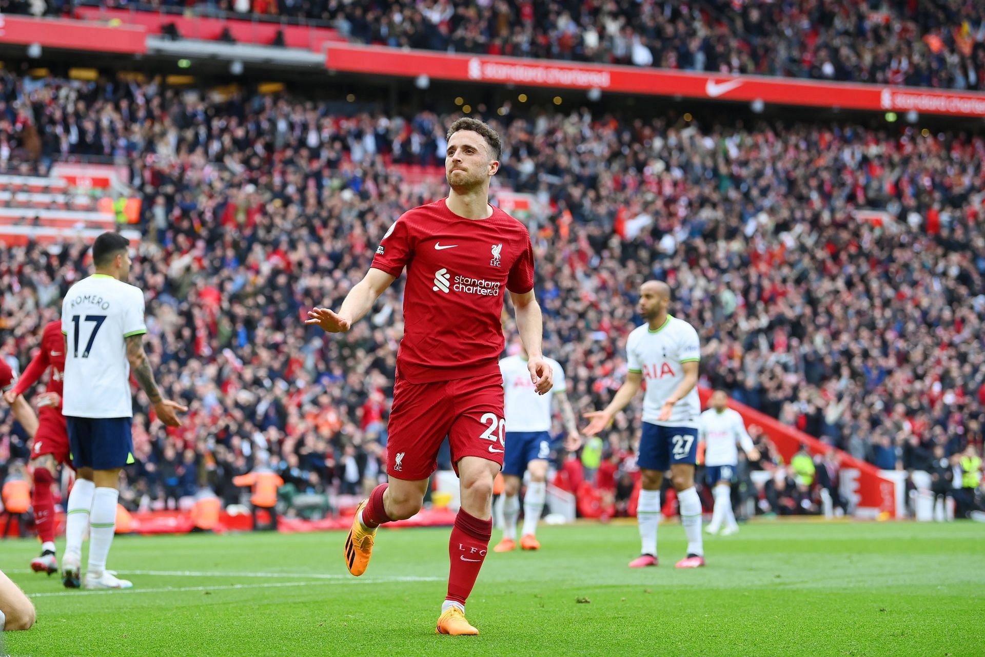 Diogo Jota scoring a winner against Tottenham Hotspur