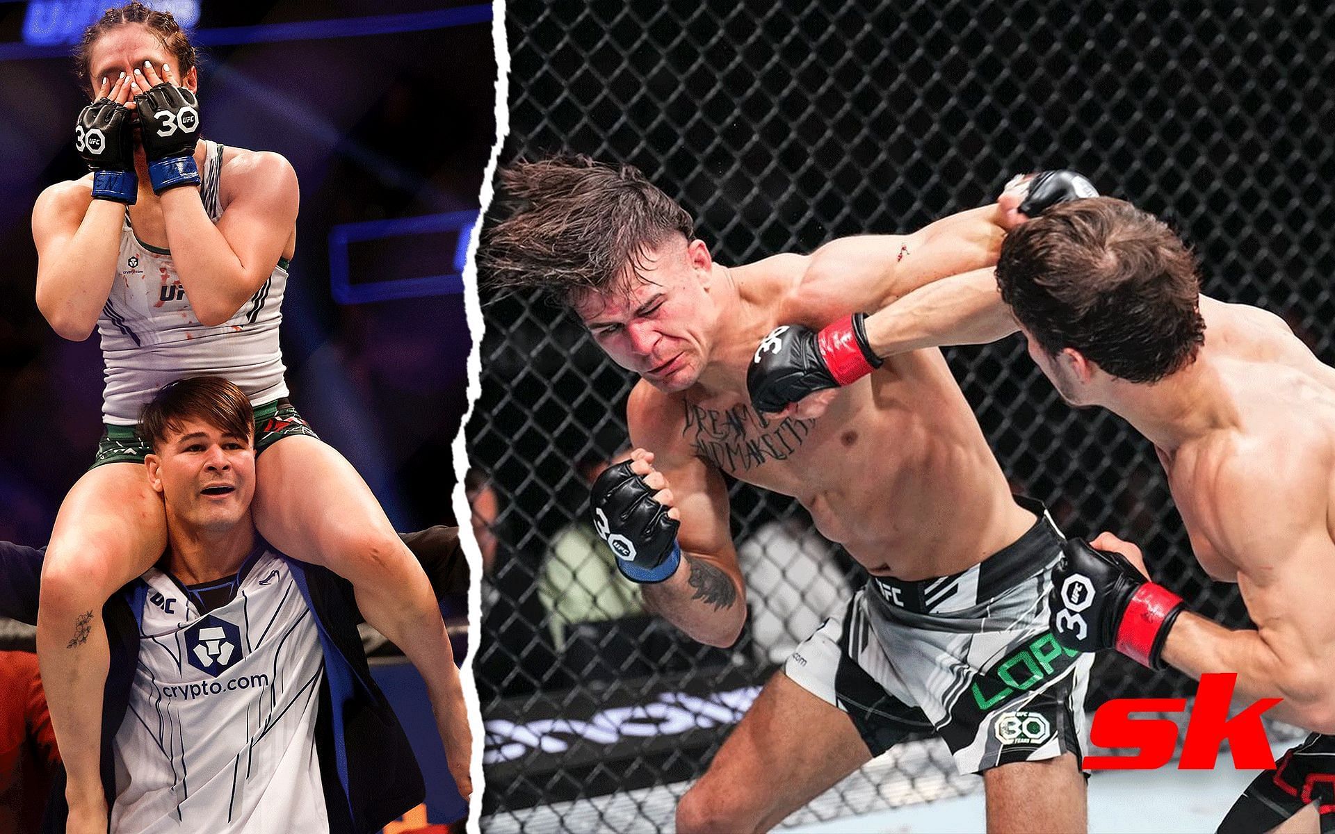 Alexa Grasso and Diego Lopes (left) and Lopes vs. Evloev. [Images courtesy: left image from Getty Images and right image from UFC]