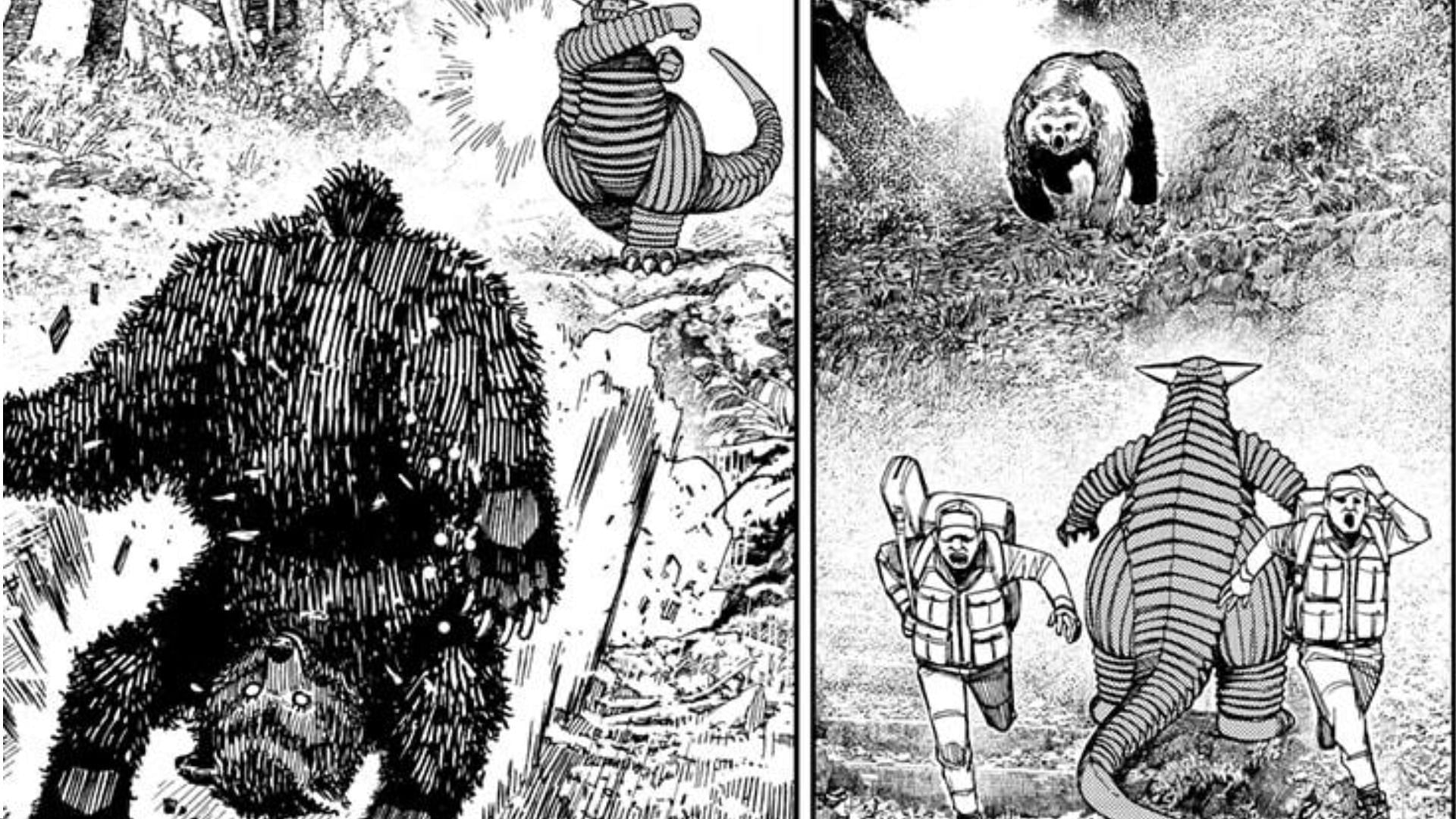 Banga helps locals by saving them from a grizzly bear, as seen in Dandadan chapter 106 (Image via Yukinobu Tatsu)