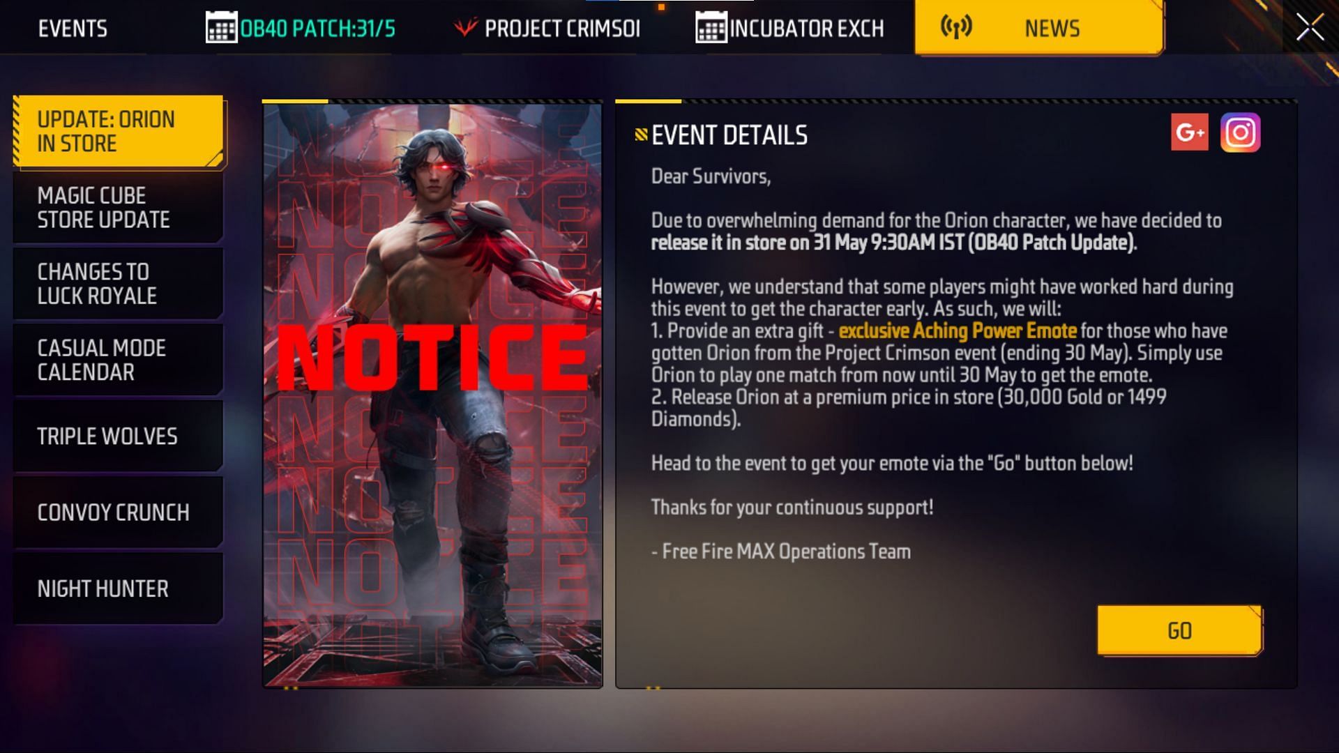 Here is the notice put up by the developers in the in-game news section (Image via Garena)