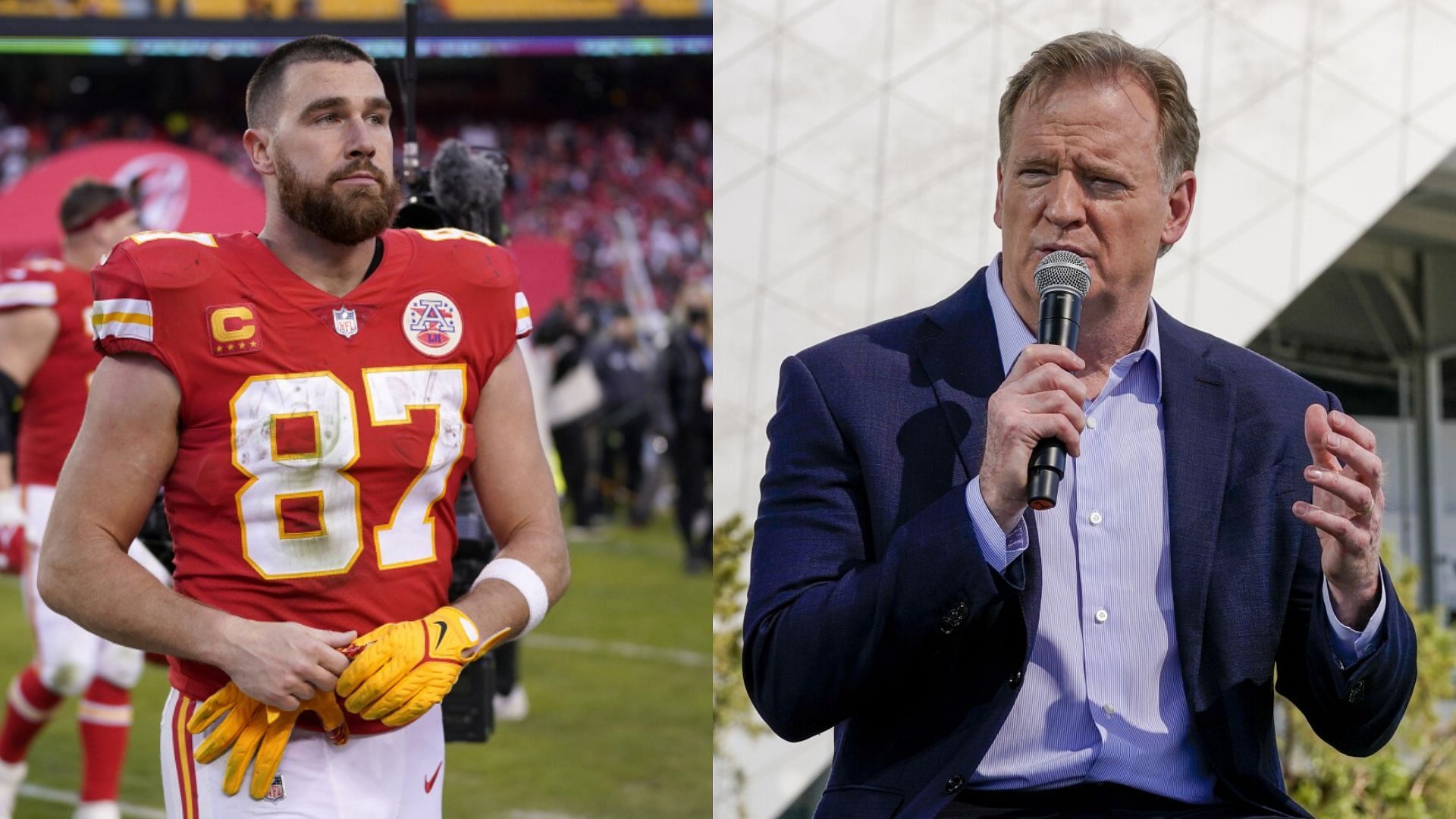 Chiefs TE Travis Kelce (L) not happy with Roger Goodell (R) about a new rule change. 