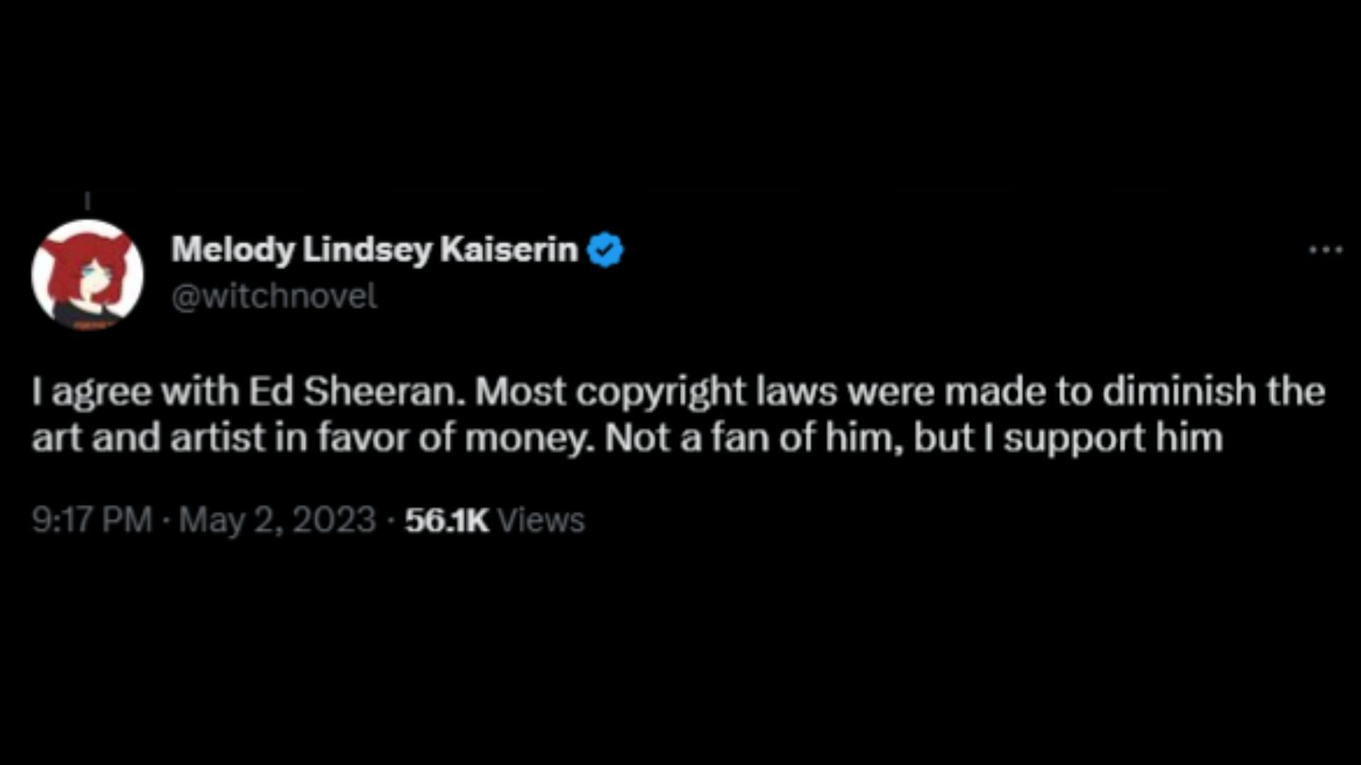 Screenshot of a Twitter user reacting to Sheeran&#039;s remarks on retiring if found guilty. (Image via @PopCrave/Twitter)