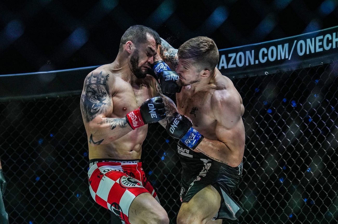 Zebaztian Kadestam (R) finally landed that left counter elbow that ultimately spelled the demise of Roberto Soldic (L)