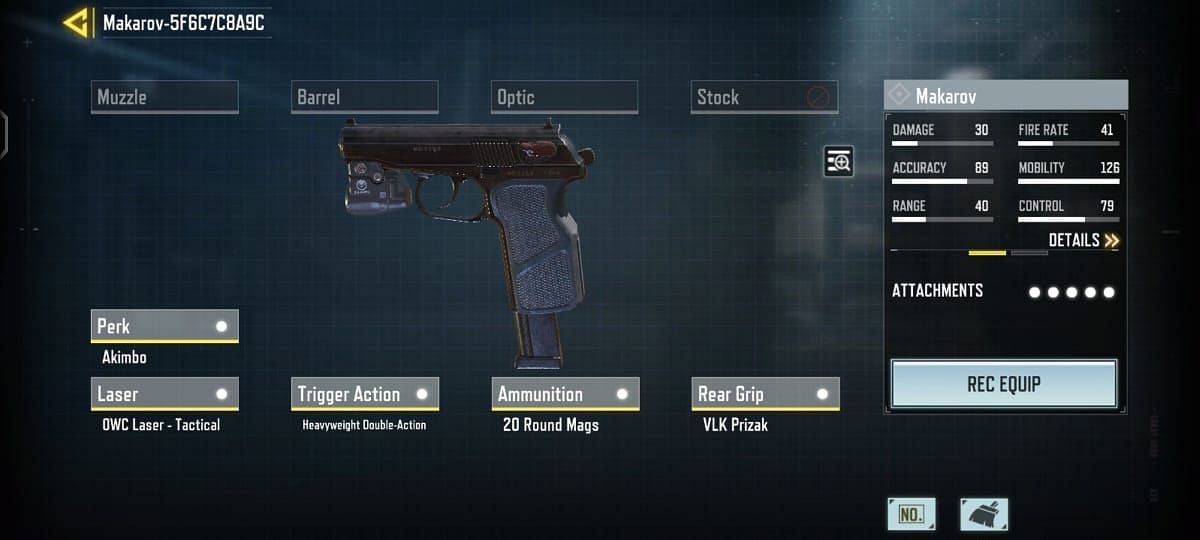 A gunsmith loadout build for the Makarov with Akimbo perk (Image via COD Mobile)