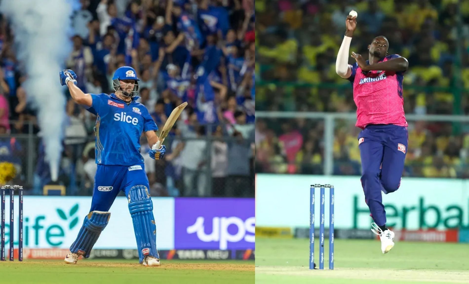 Tim David took Jason Holder (R) to the cleaners in the Rajasthan Royals&#039; last game. [P/C: iplt20.com]