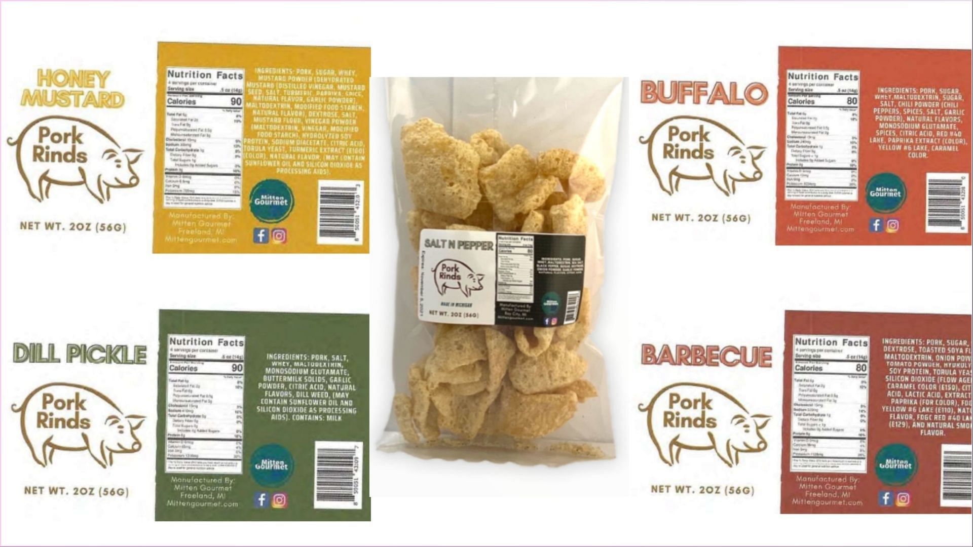 Some of the other packets of affected Mitten Gourmet&#039;s Ready-to-Eat Pork Rind products (Image via FSIS)