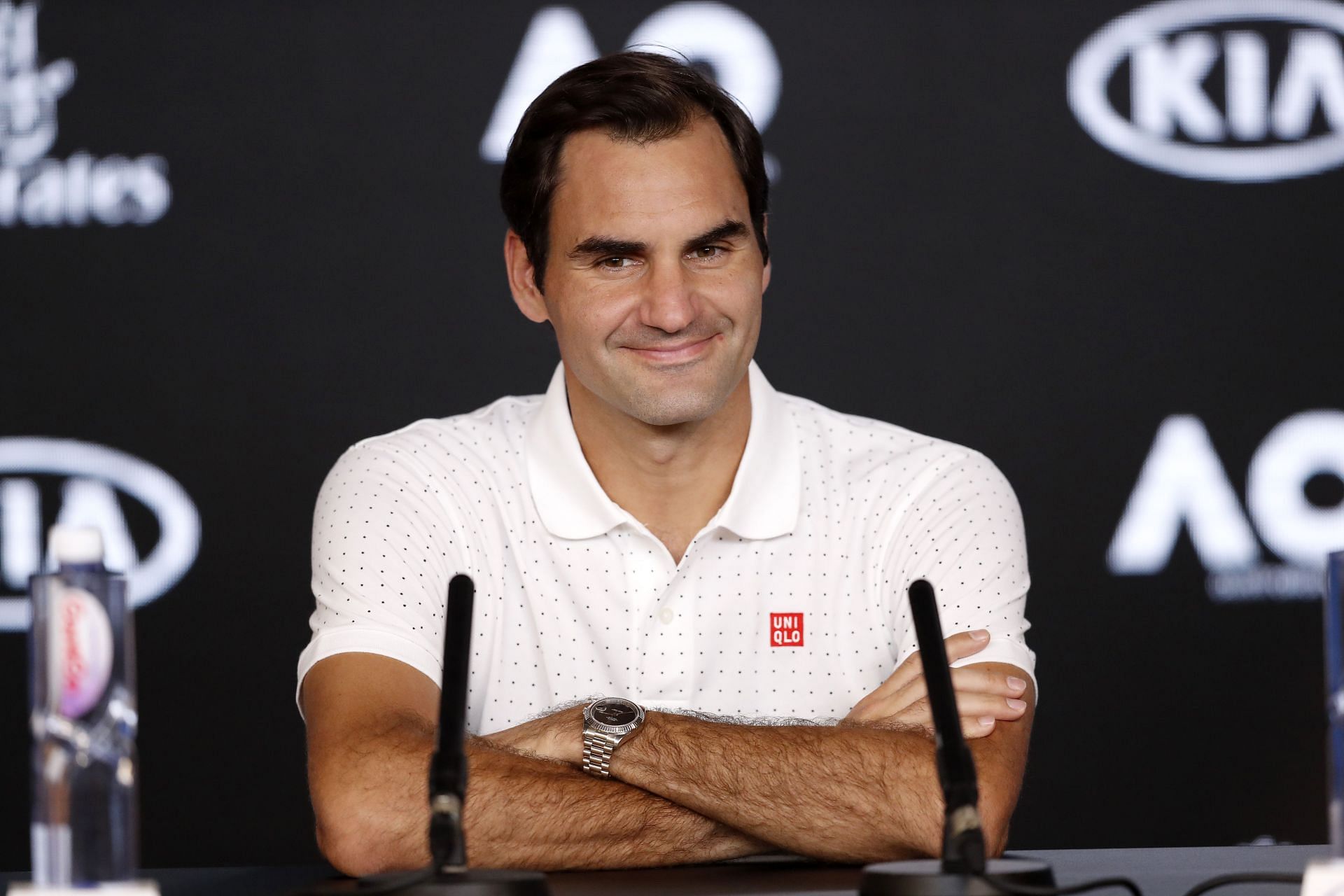 Roger Federer interacts with the media at the 2020 Australian Open