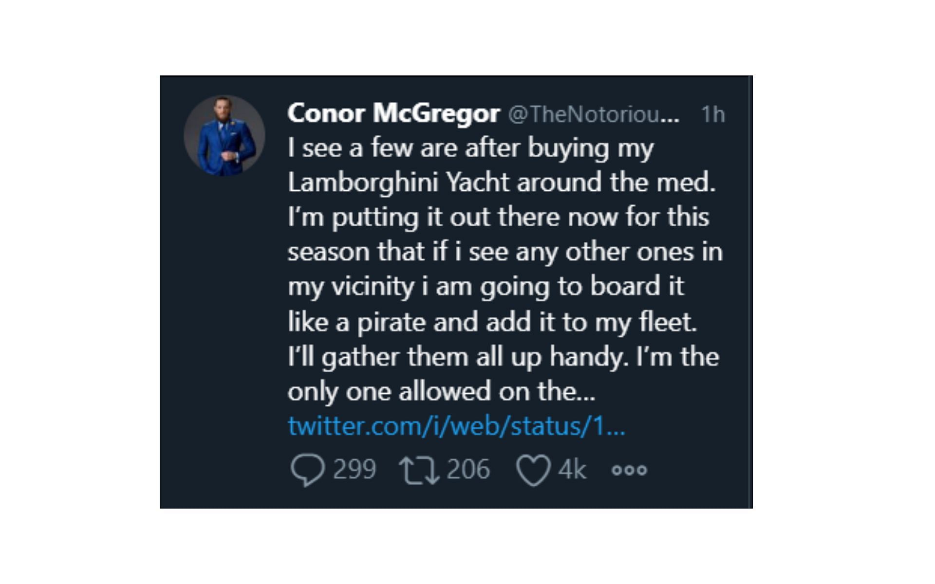 Screenshot of Conor McGregor&#039;s since-deleted tweet issuing a yarning to potential Lamborghini yacht buyers