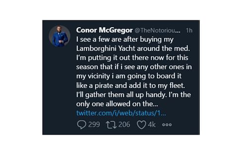 Screenshot of Conor McGregor's since-deleted tweet issuing a yarning to potential Lamborghini yacht buyers