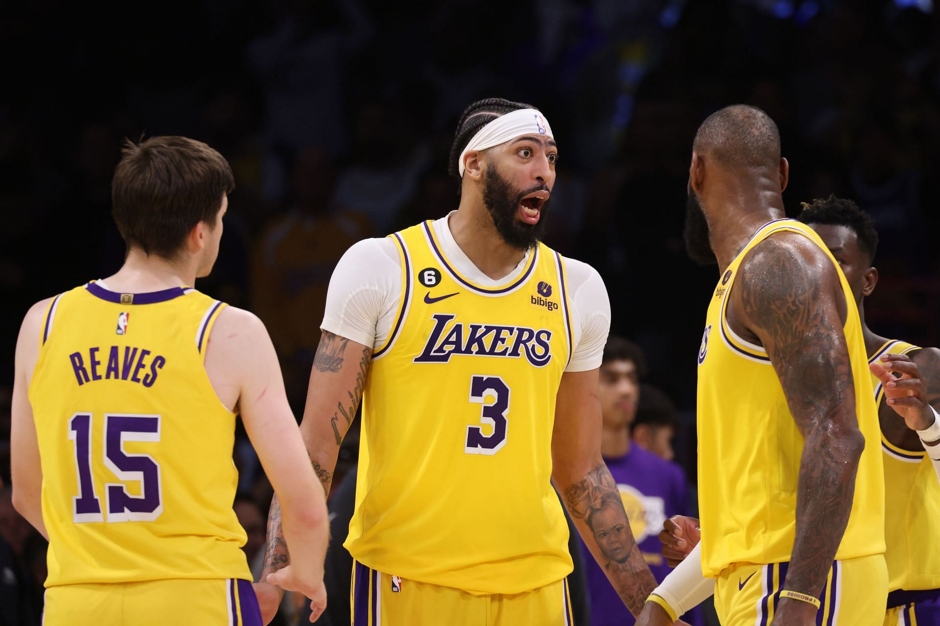 (L-R) Austin Reaves, Anthony Davis and LeBron James of the LA Lakers