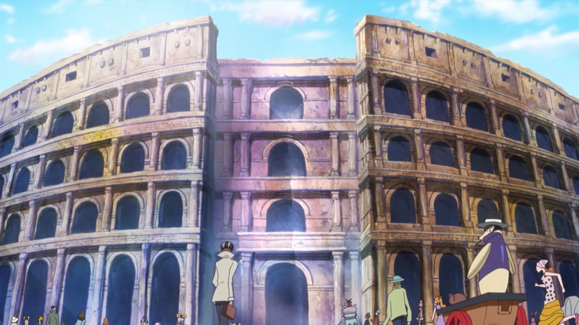 Dressrosa&#039;s colosseum as seen in the One Piece anime (Image via Toei Animation, One Piece)