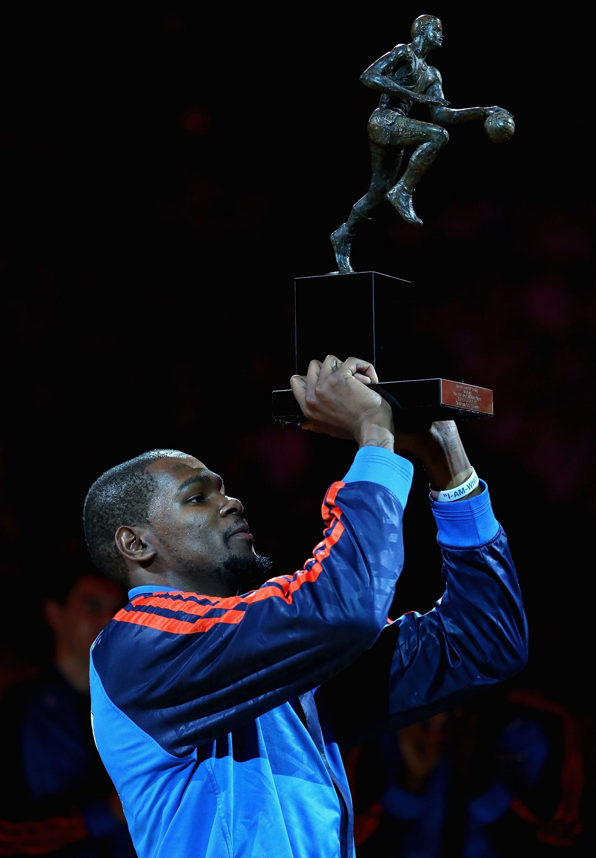 Kevin Durant with the MVP trophy