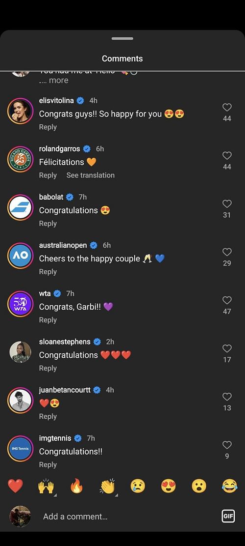 Elina Svitolina, Sloane Stephens and others congratulated Garbine Muguruza on her engagement