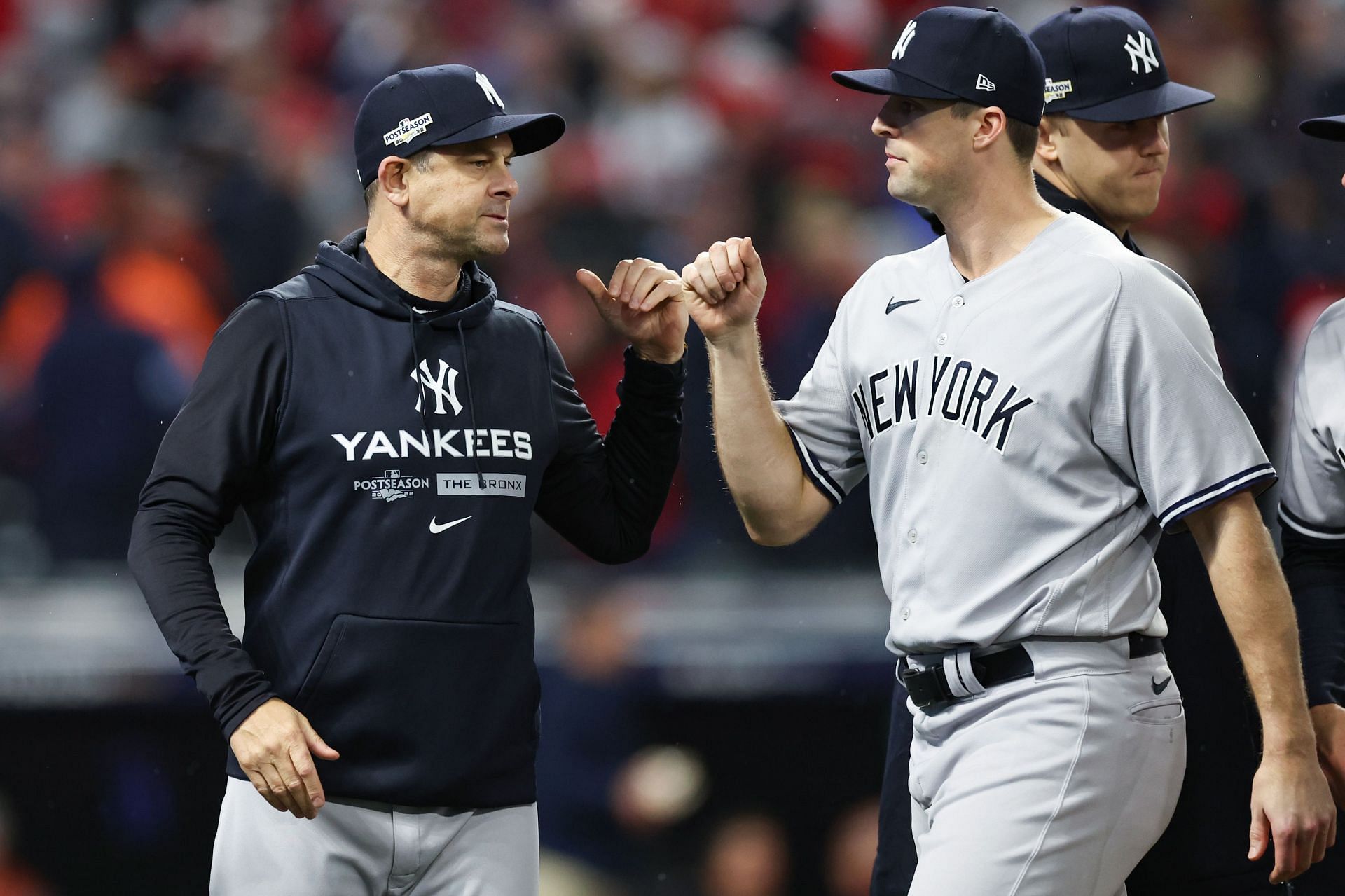 Bronx, USA. 22nd Apr, 2022. New York Yankees manager Aaron Boone  congratulates the team after a win 4-1 against the Cleveland Guardians at  Yankee Stadium on Friday, April 22, 2022 in New