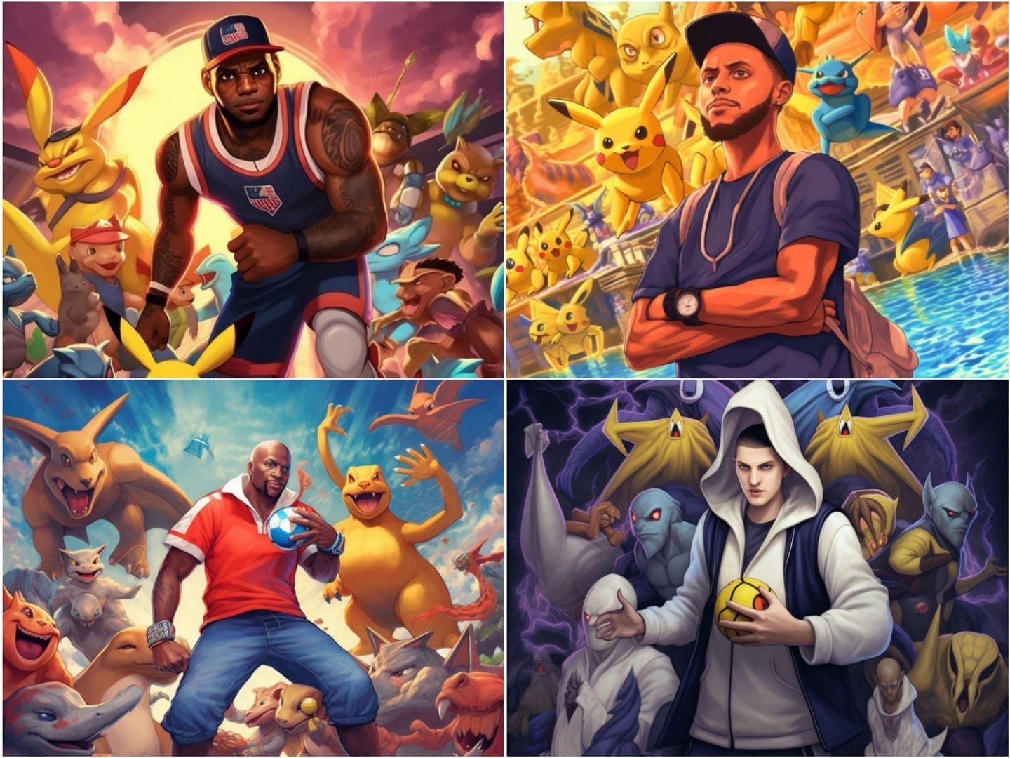 LeBron James, Steph Curry, Michael Jordan and Nikola Jokic as Pokemon trainers.