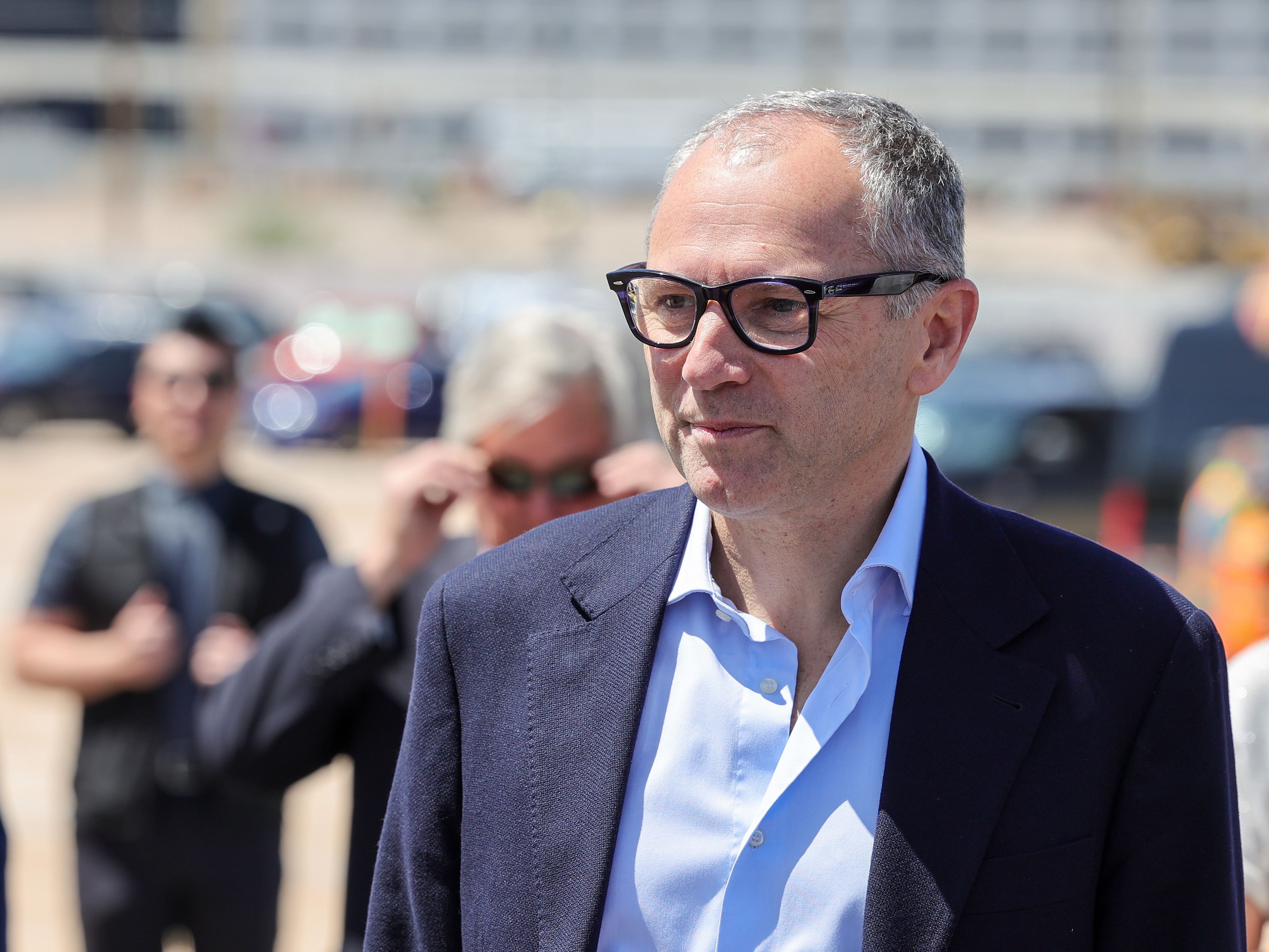 Stefano Domenicali arrives at a topping out event for the 2023 F1 Las Vegas Grand Prix paddock building (Photo by Ethan Miller/Getty Images)