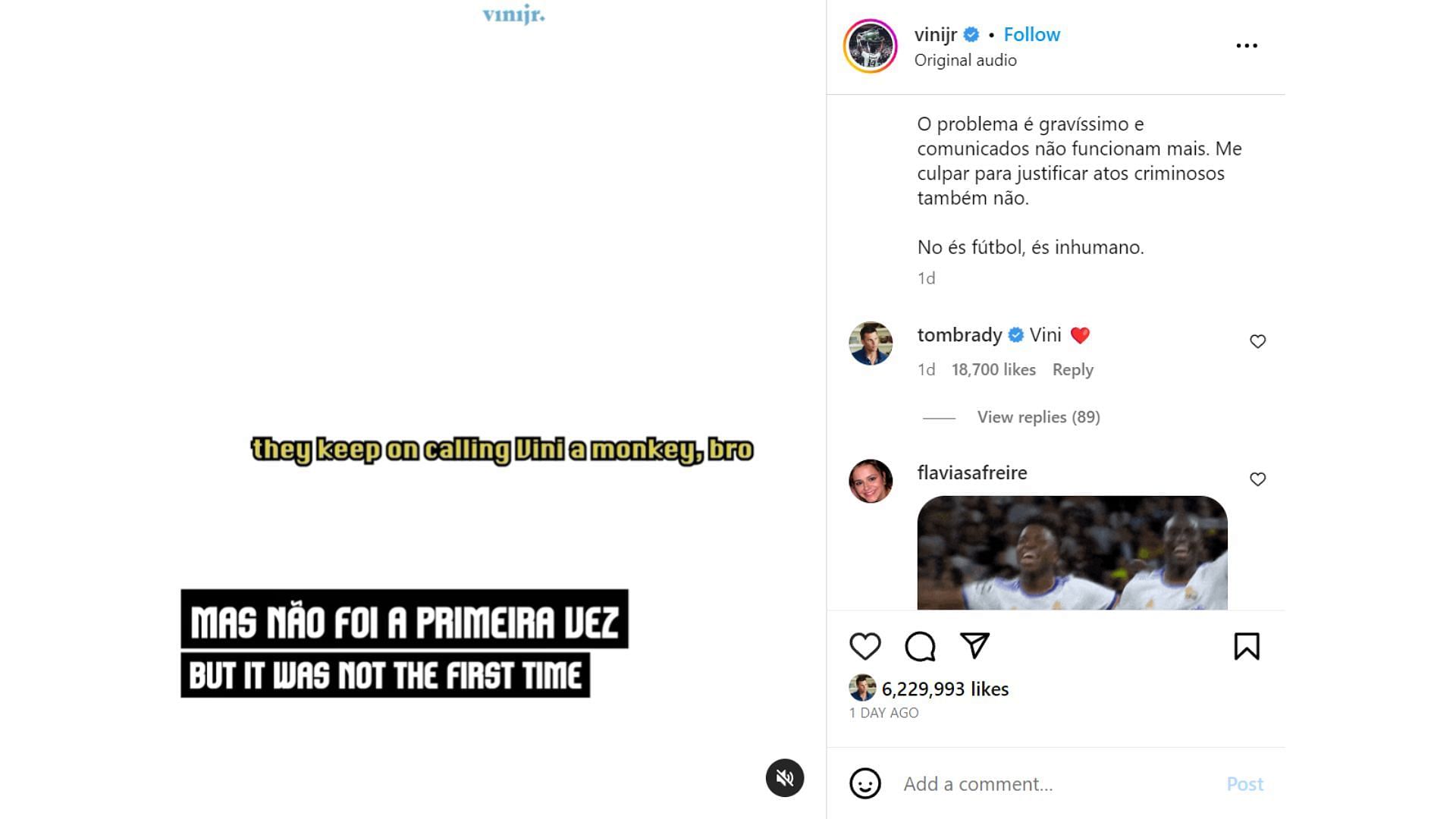 Tom Brady shows support on Vinicius Jr&#039;s IG post. (Image credit: @vinijr IG account)