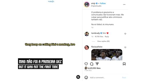 Tom Brady shows support on Vinicius Jr's IG post. (Image credit: @vinijr IG account)