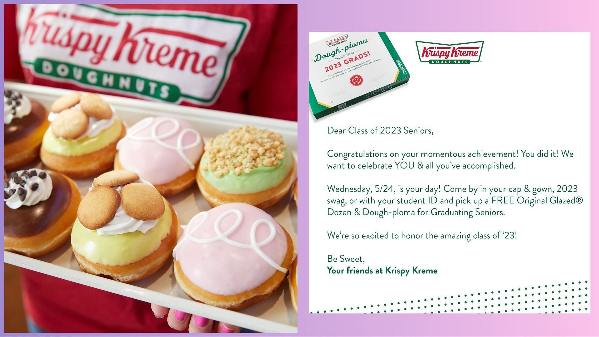 Krispy Kreme is offering graduates a box of free doughnuts! (Image via Twitter/@krispykreme)