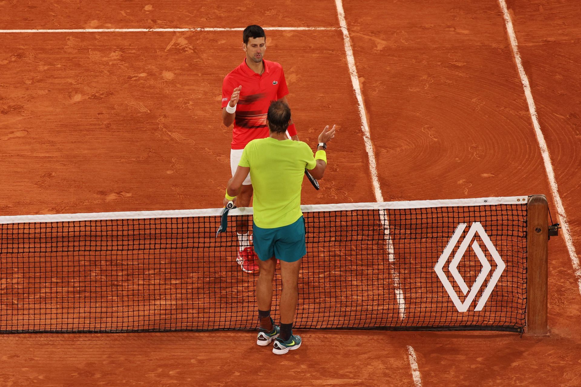 Rafael Nadal and Novak Djokovic after their match at the 2022 French Open