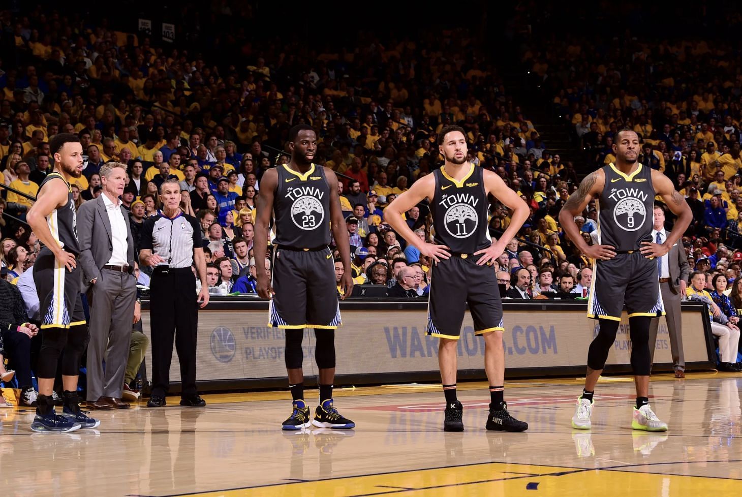 Stephen Curry, Klay Thompson, Draymond Green and Andre Iguodala of the Golden State Warriors