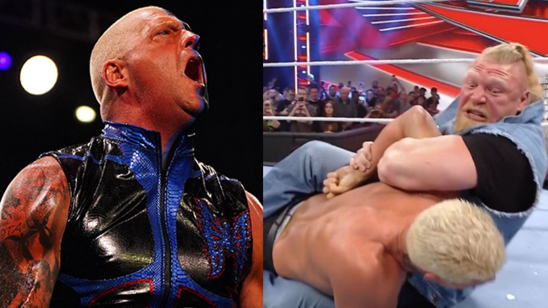 Dustin Rhodes (left); Brock Lesnar attacking Cody Rhodes (right)