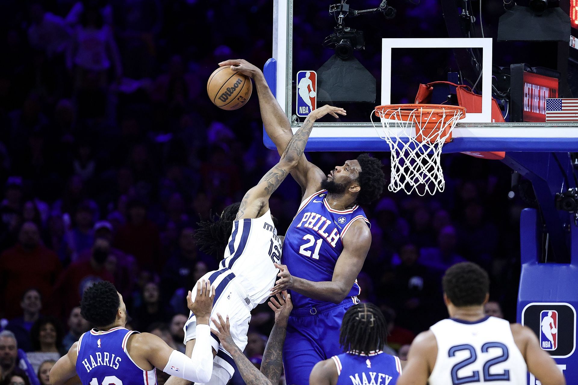 Joel Embiid blocks Ja Morant - Memphis Grizzlies v Philadelphia 76ers