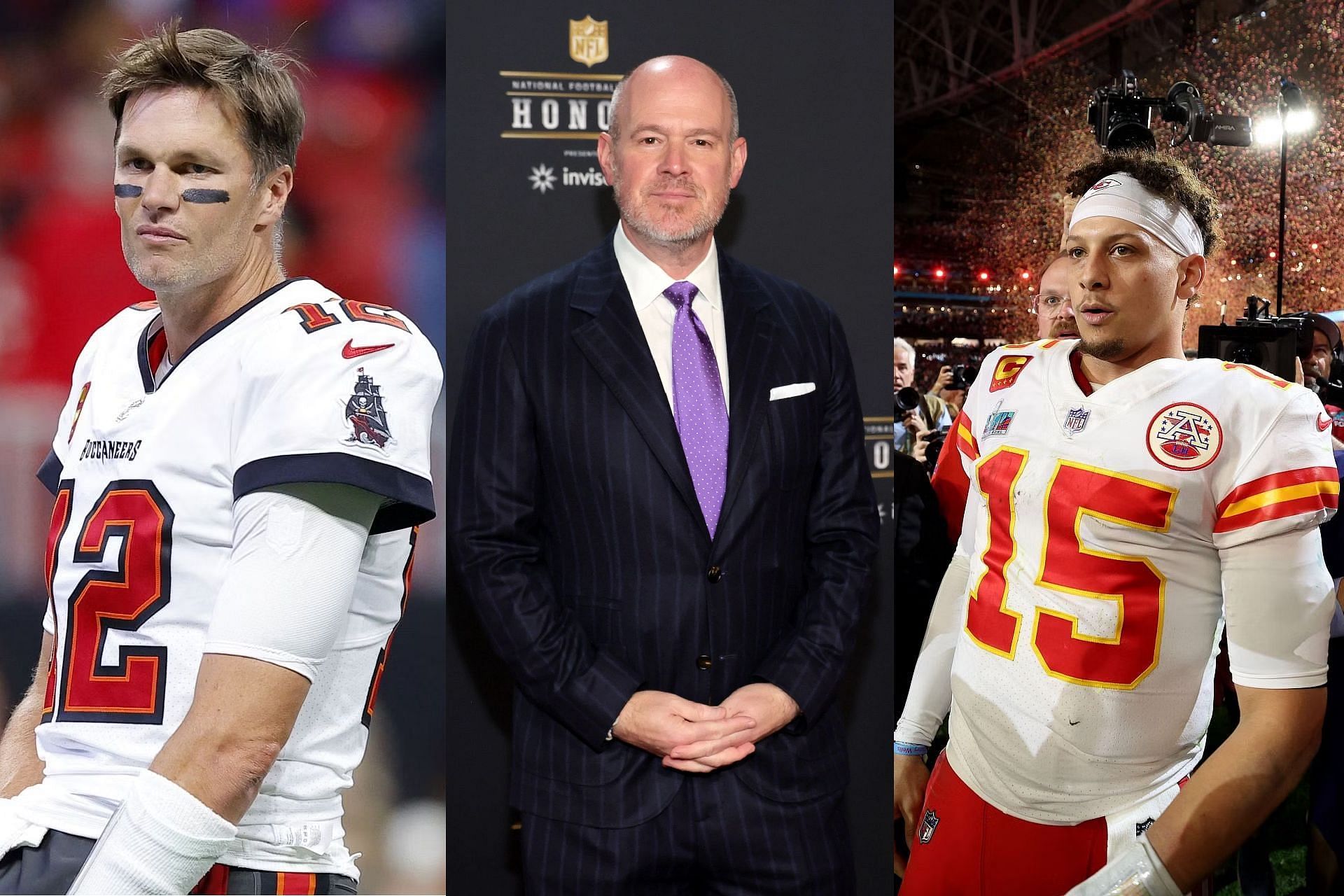 Tom Brady (L), Rich Eisen (C) and Patrick Mahomes (R)