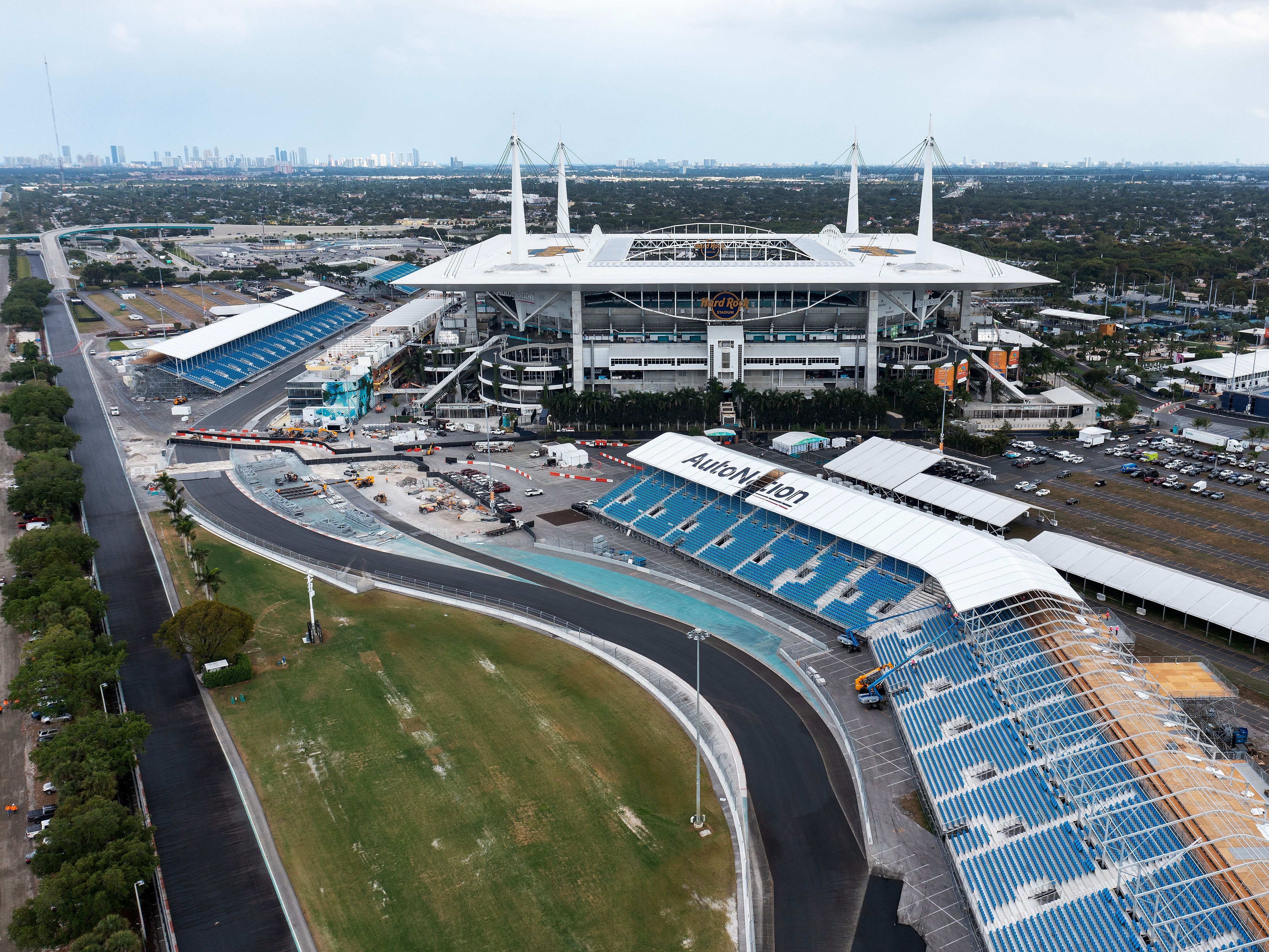 An aerial view of the Miami International Autodrome being setup where the 2023 F1 Miami Grand Prix will be held. (Photo by Al Bello/Getty Images)