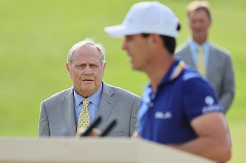 Jack Horschel speaks after winning the Memorial Tournament 2022 as Jack Nicklaus looks on