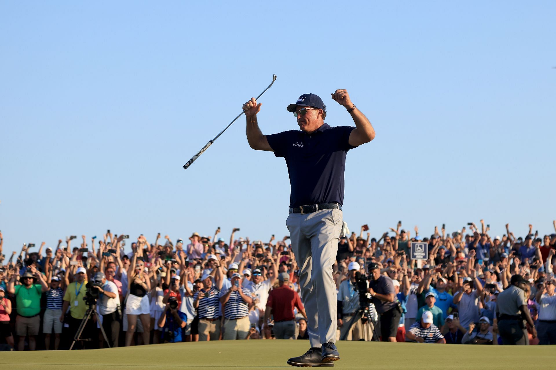 Phil Mickelson celebrates after 18 th hole on the final day of the 2021 PGA Championship