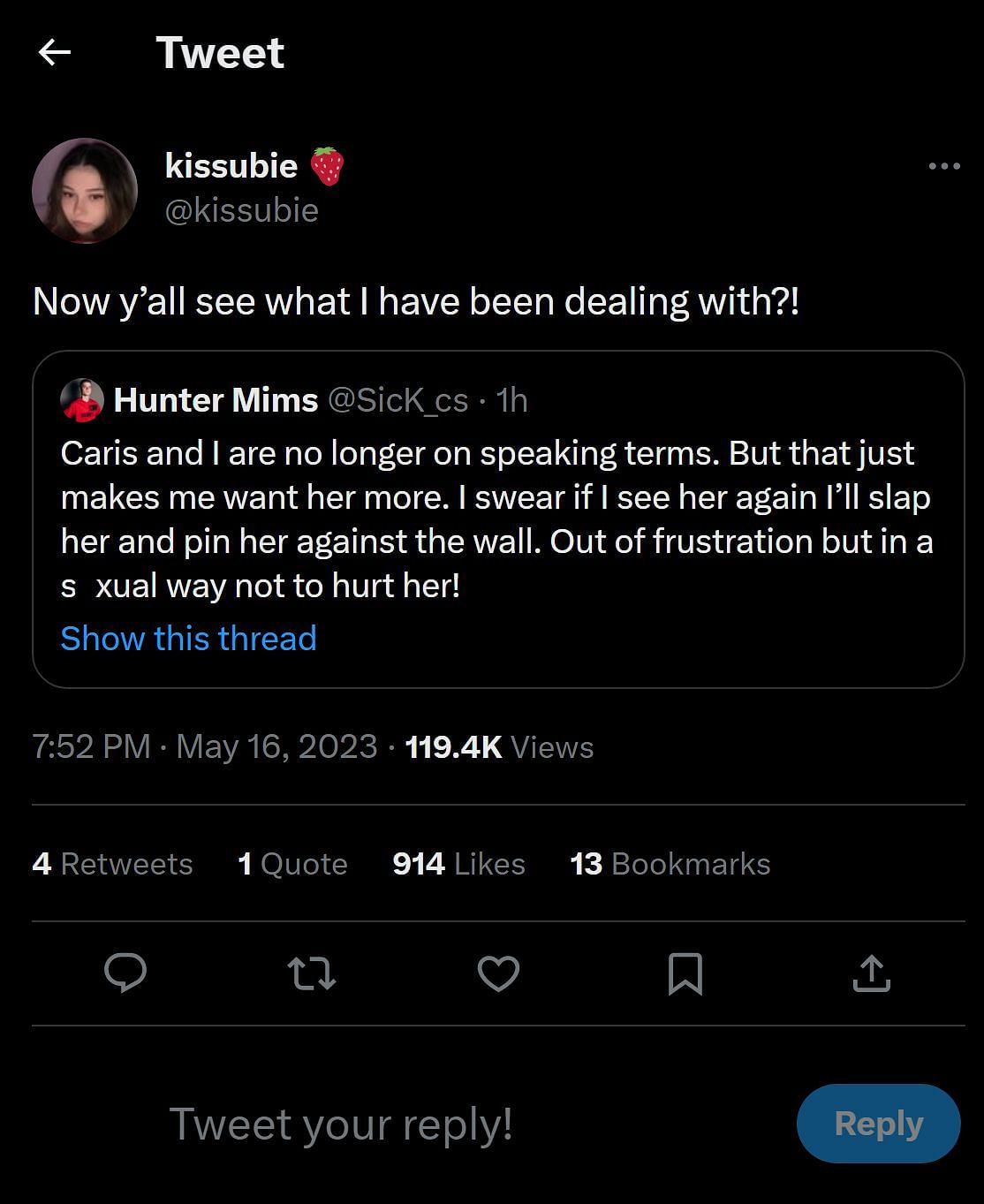 The Tweet exchange that is garnering a lot of attention (Image via kissubie/Twitter)