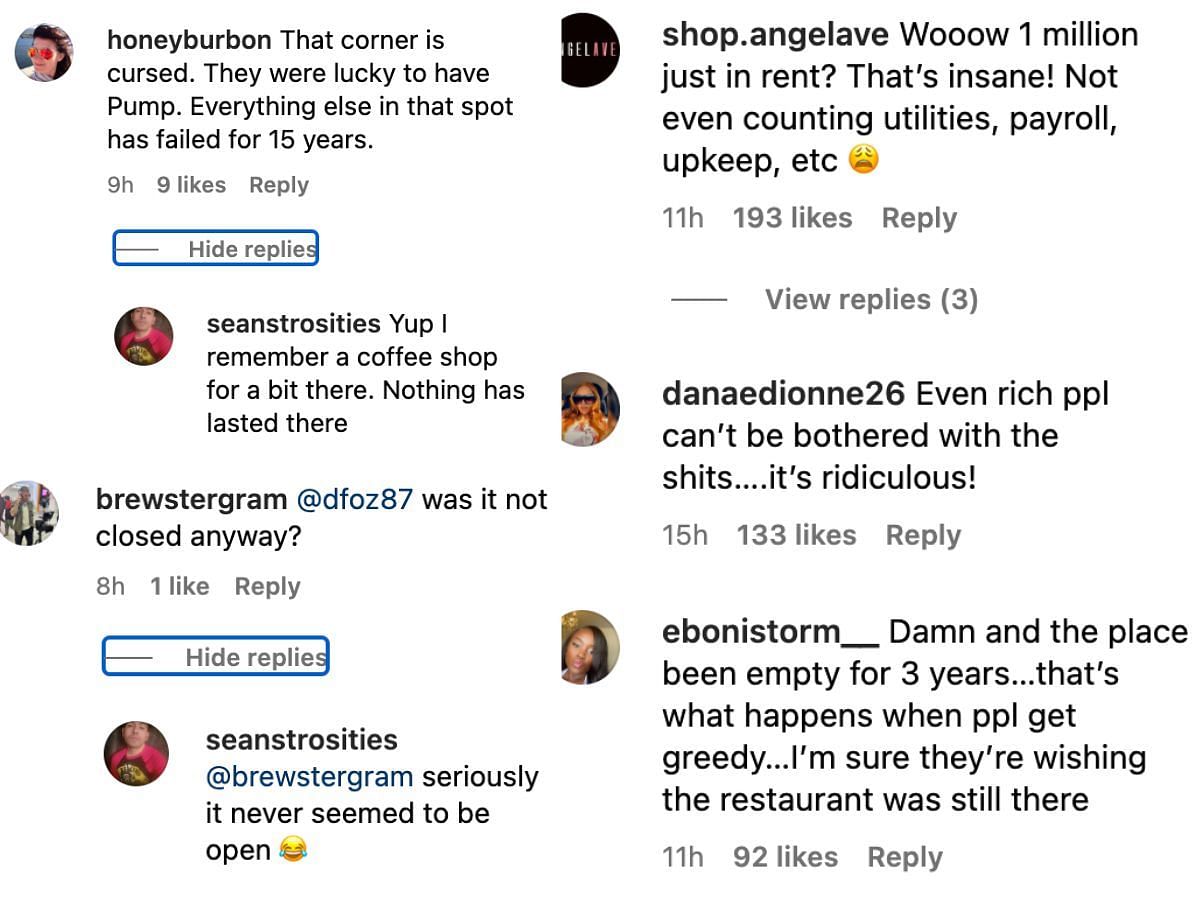 Instagram users&#039; reactions on Pump restaurant&#039;s closing (Image via Instagram)