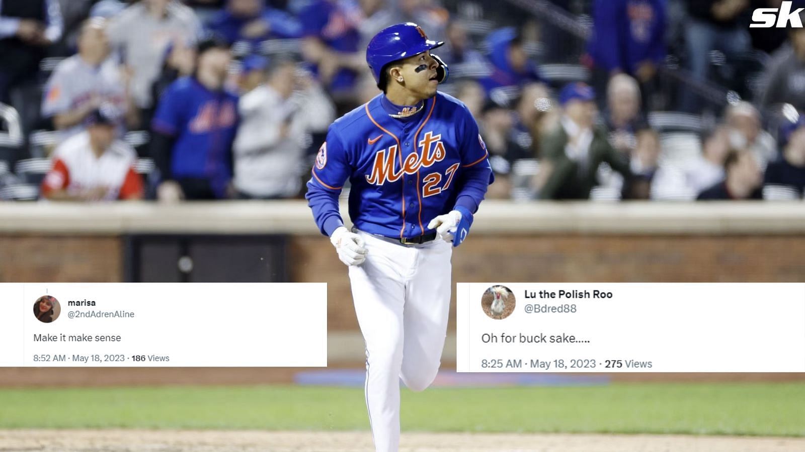 Mark Vientos #27 of the New York Mets reacts after hitting a game-tying two-run home run