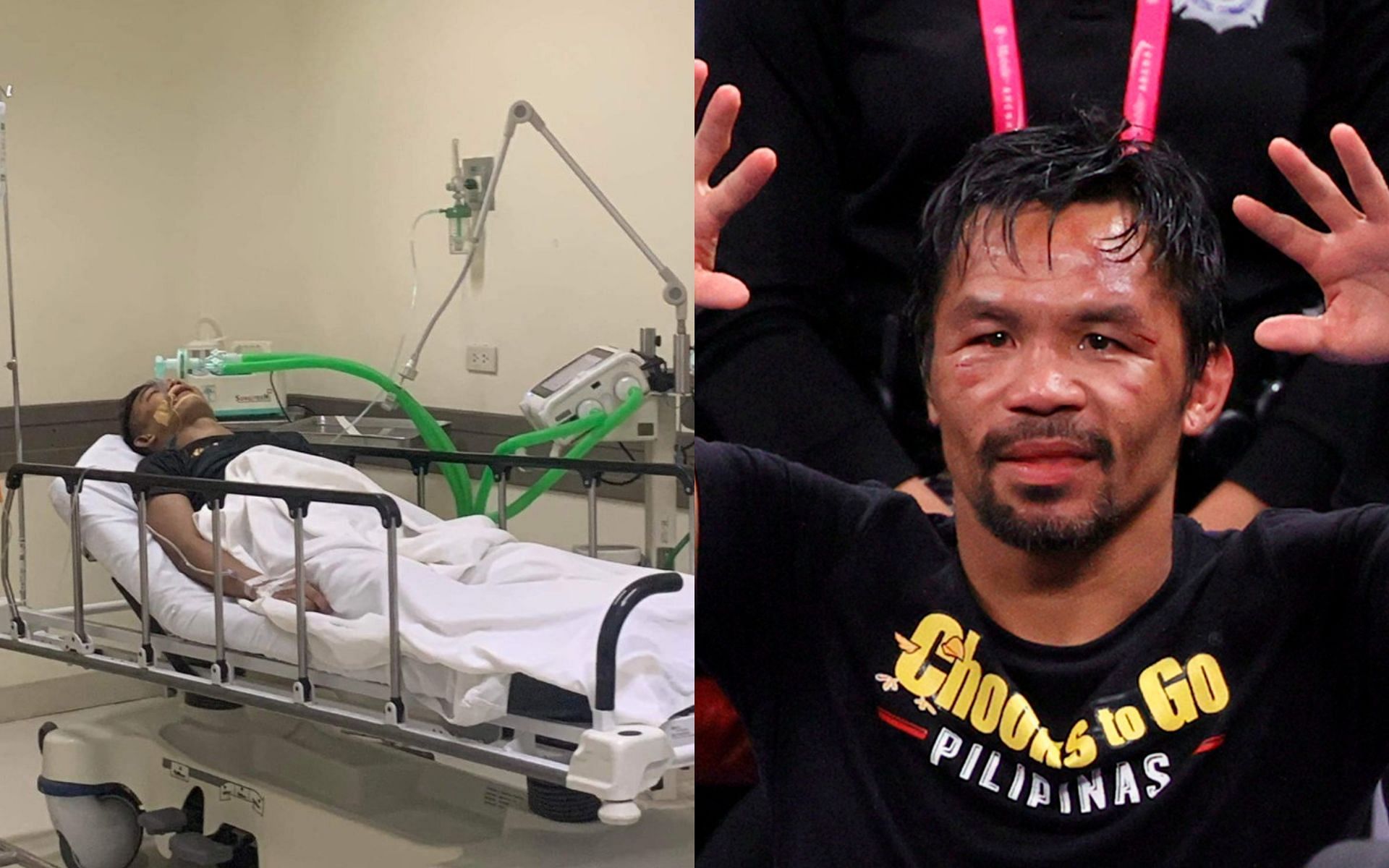 Kenneth Egano hospitalized [Left] Manny Pacquiao [Right] [Images courtesy: @RMNSportsCenter and @MMAFIghting (Twitter)]