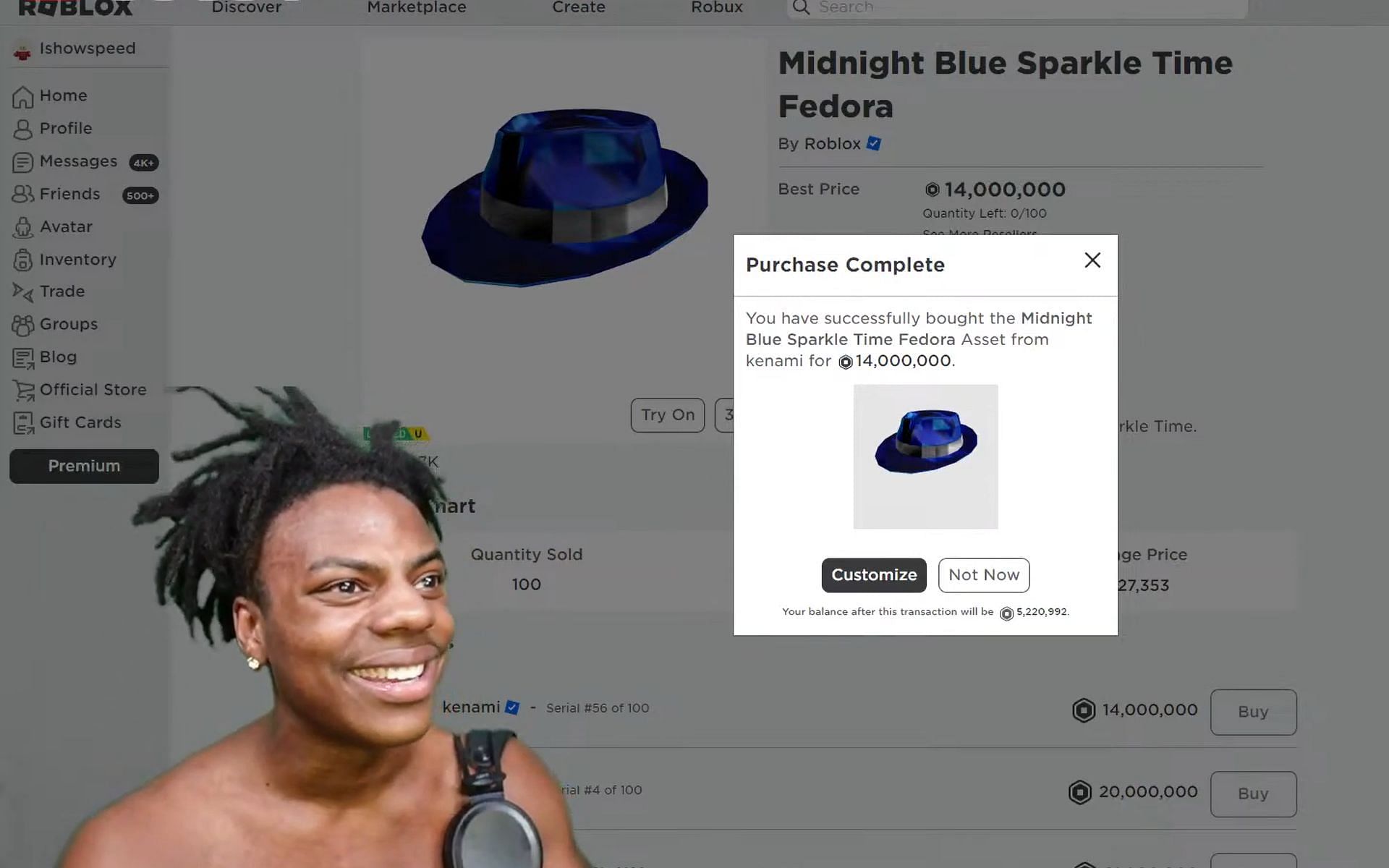 IShowSpeed bought a rare Roblox item worth $125,000 (Image via IShowSpeed/YouTube)