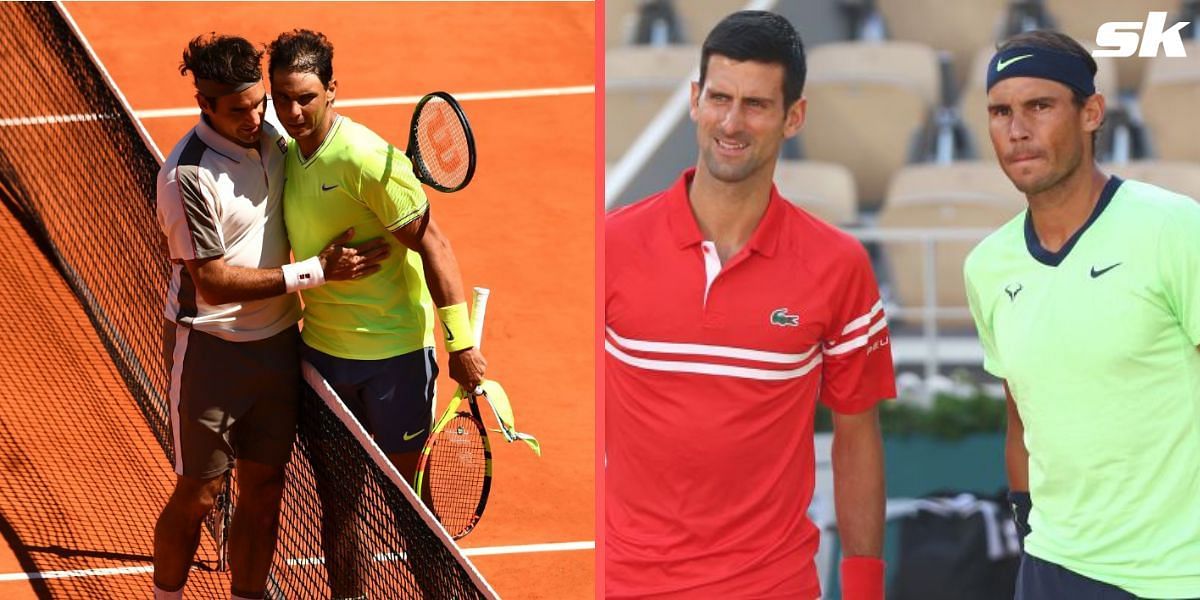 Rafael Nadal with Roger Federer (L) and with Novak Djokovic (R)