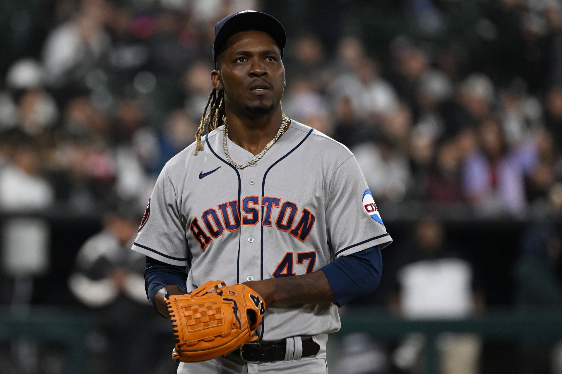 Rafael Montero of the Houston Astros looks on after giving up an RBI.