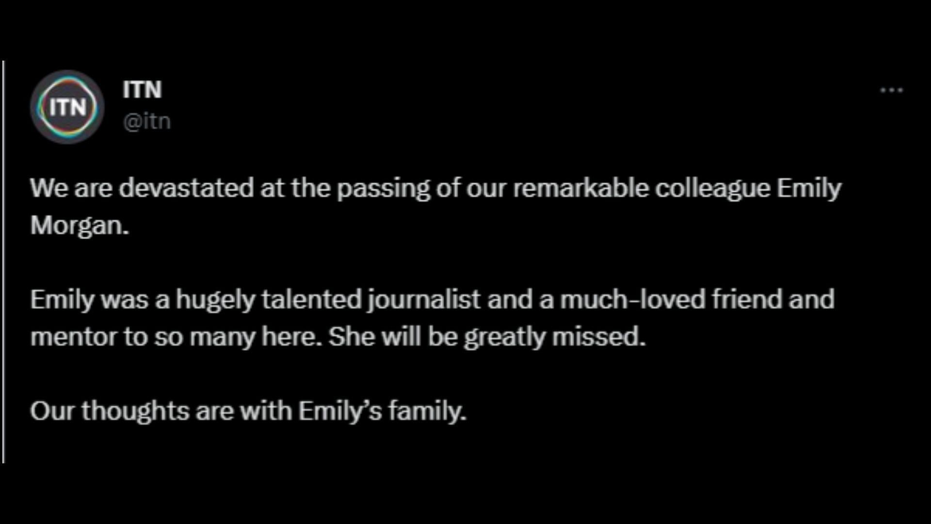 Screenshot of the Twitter statement issued by ITN announcing Emily Morgan&#039;s demise.