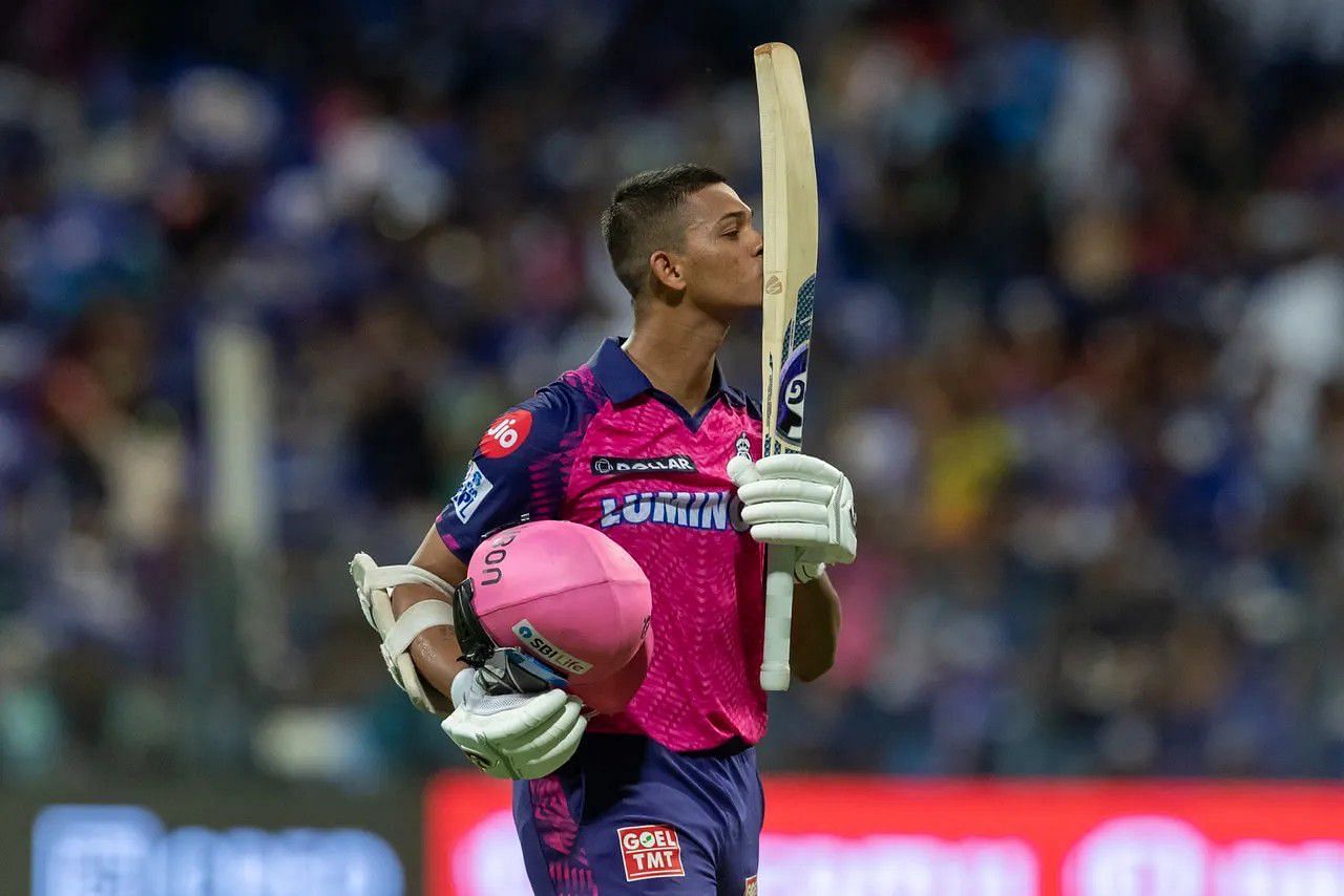 Yashasvi Jaiswal celebrating his century vs MI [IPLT20]