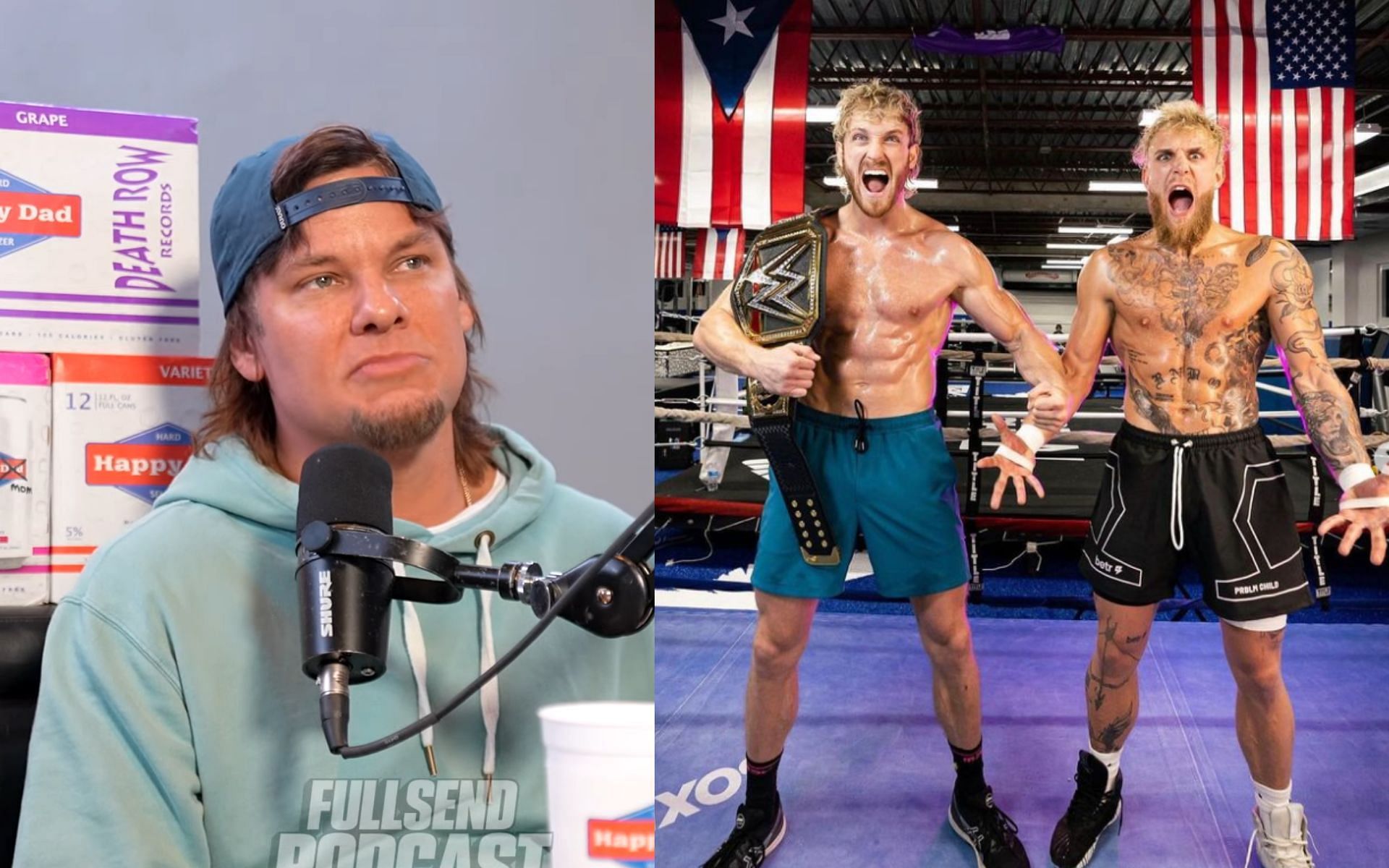 Theo Von on the FULL SEND PODCAST (left) and Logan and Jake Paul (right) [Images Courtesy: @FULLSENDPODCAST on YouTube and @GettyImages]