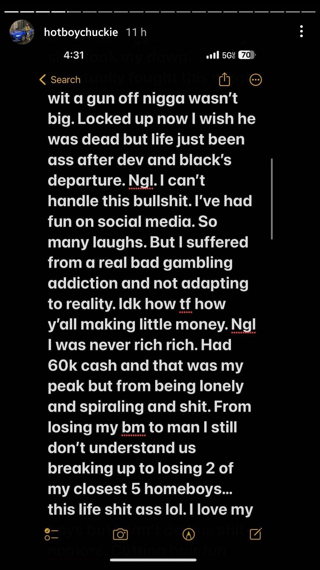 purplereignera&#039;s Instagram story written before his death (via Instagram)