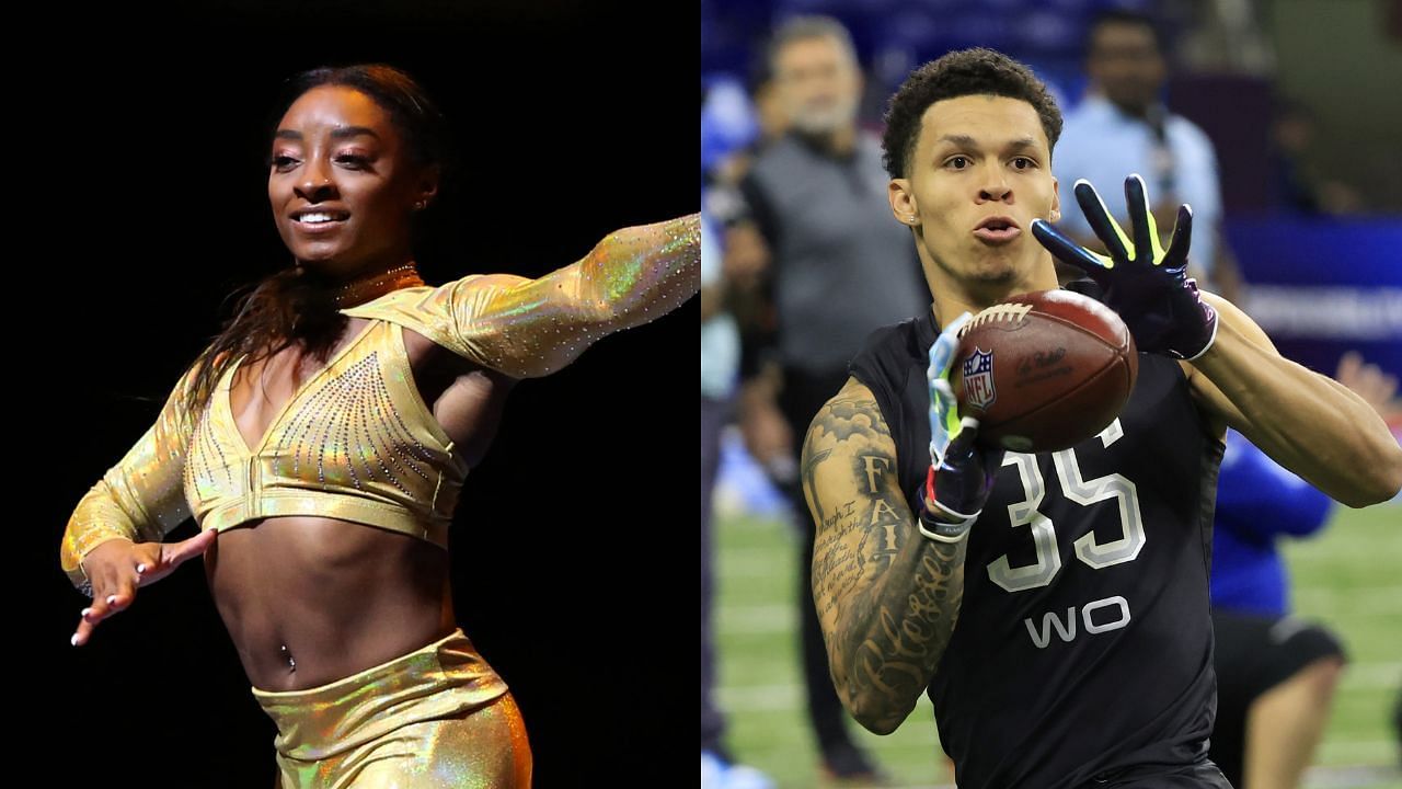 Simone Biles almost beat Packer wideout Christian Watson in a foot race (images via Getty)