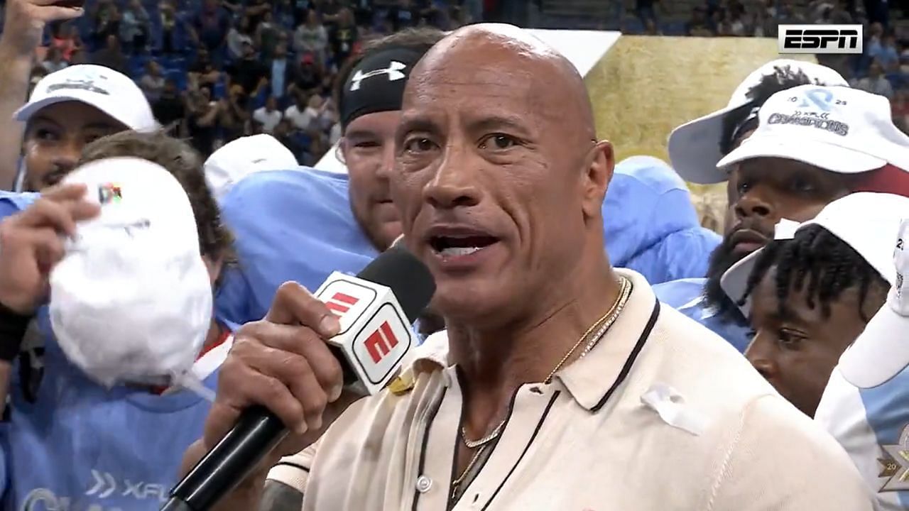 Dwayne Johnson while handing out the XFL Championship Trophy (Image Source: Twitter/@espn)