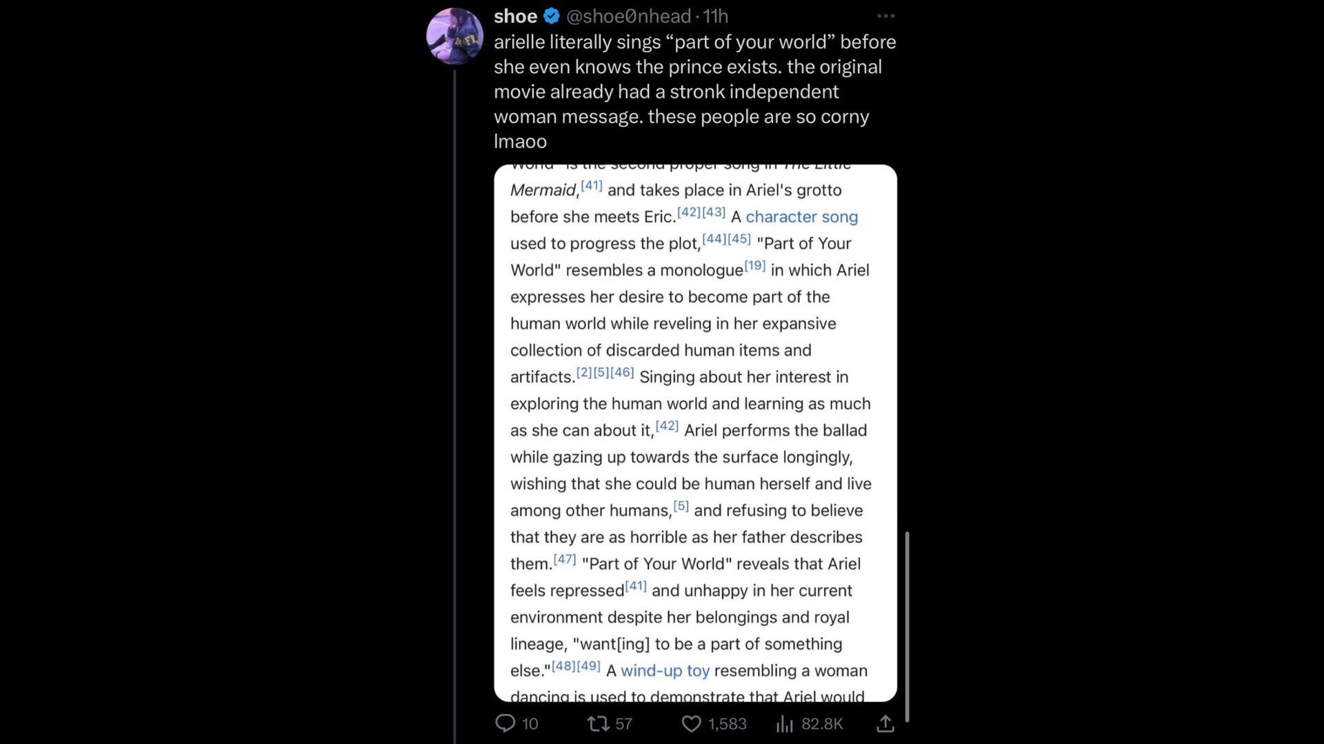 Screenshot of a Twitter user remarking on Faith&#039;s tweet on The Little Mermaid. (Photo via @PopCrave/Twitter)