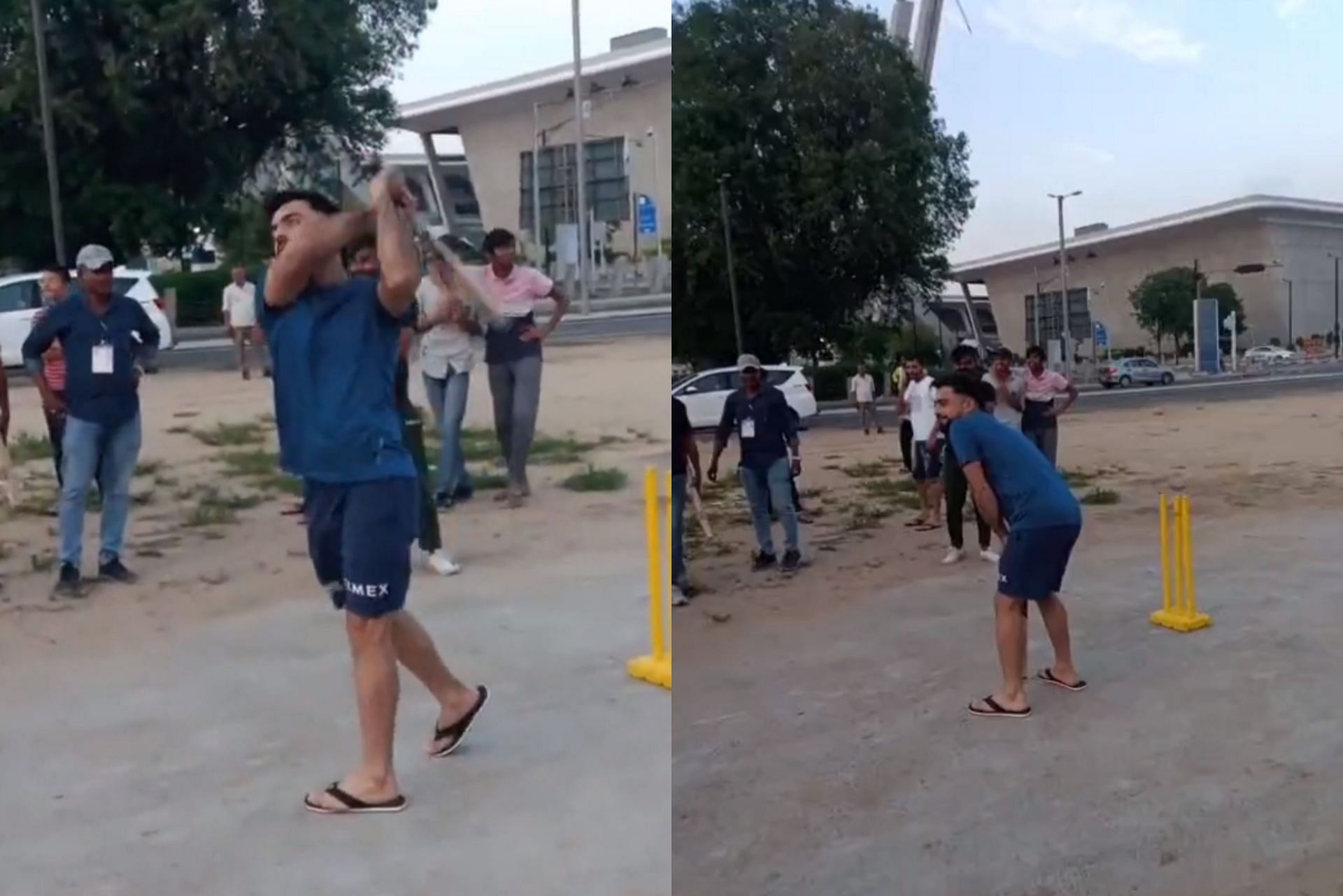 Rashid Khan playing cricket on street with fans. 