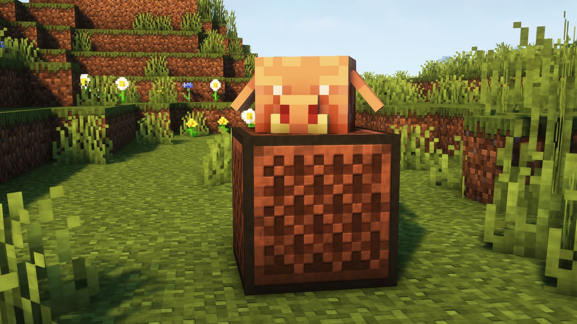 Minecraft 1.20 update changes note blocks, allowing it to play mob ambient sounds according to the mob head placed on it (Image via Mojang)